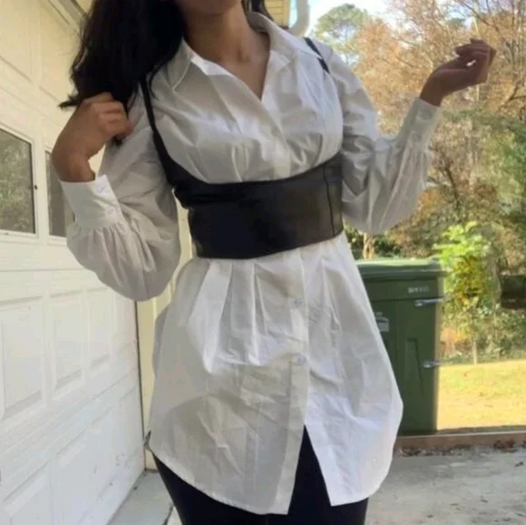 Black wide corset belt faux leather harness suspenders steampunk waist belt - Picture 14 of 15